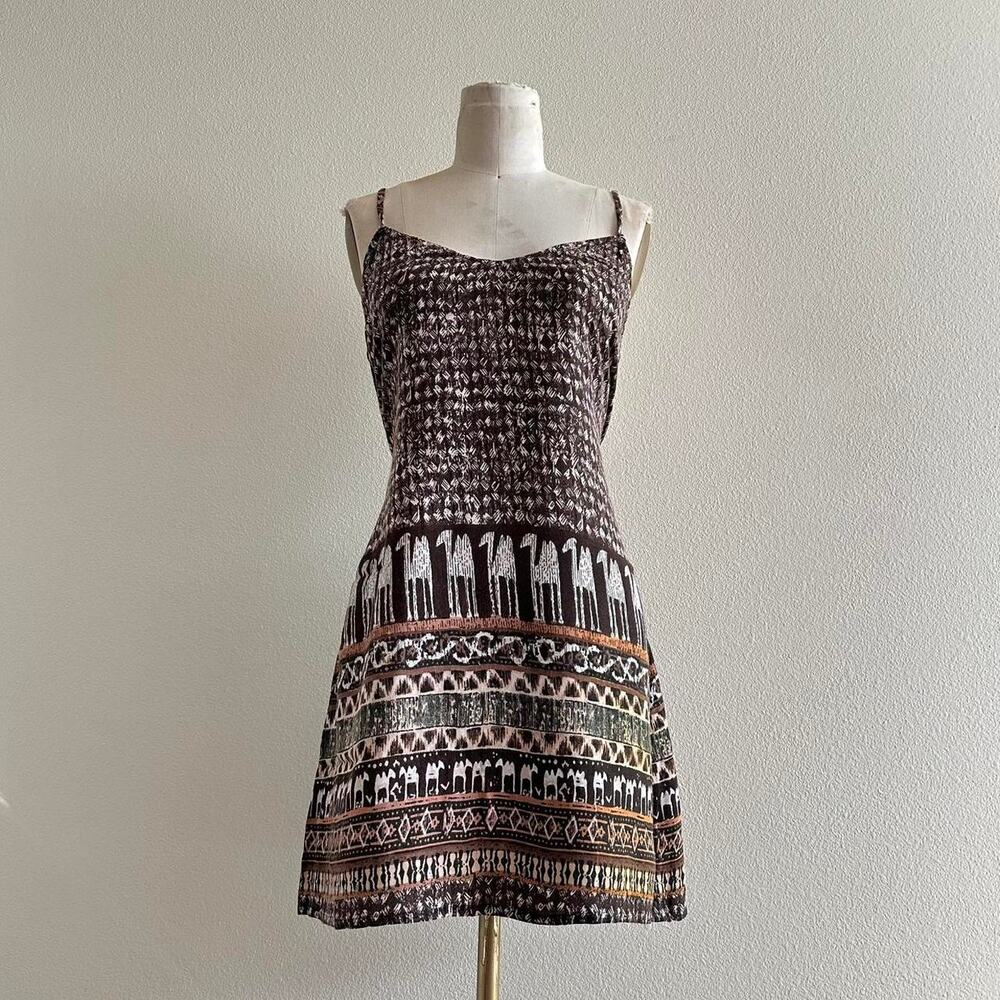 reworked abstract beige brown mini dress